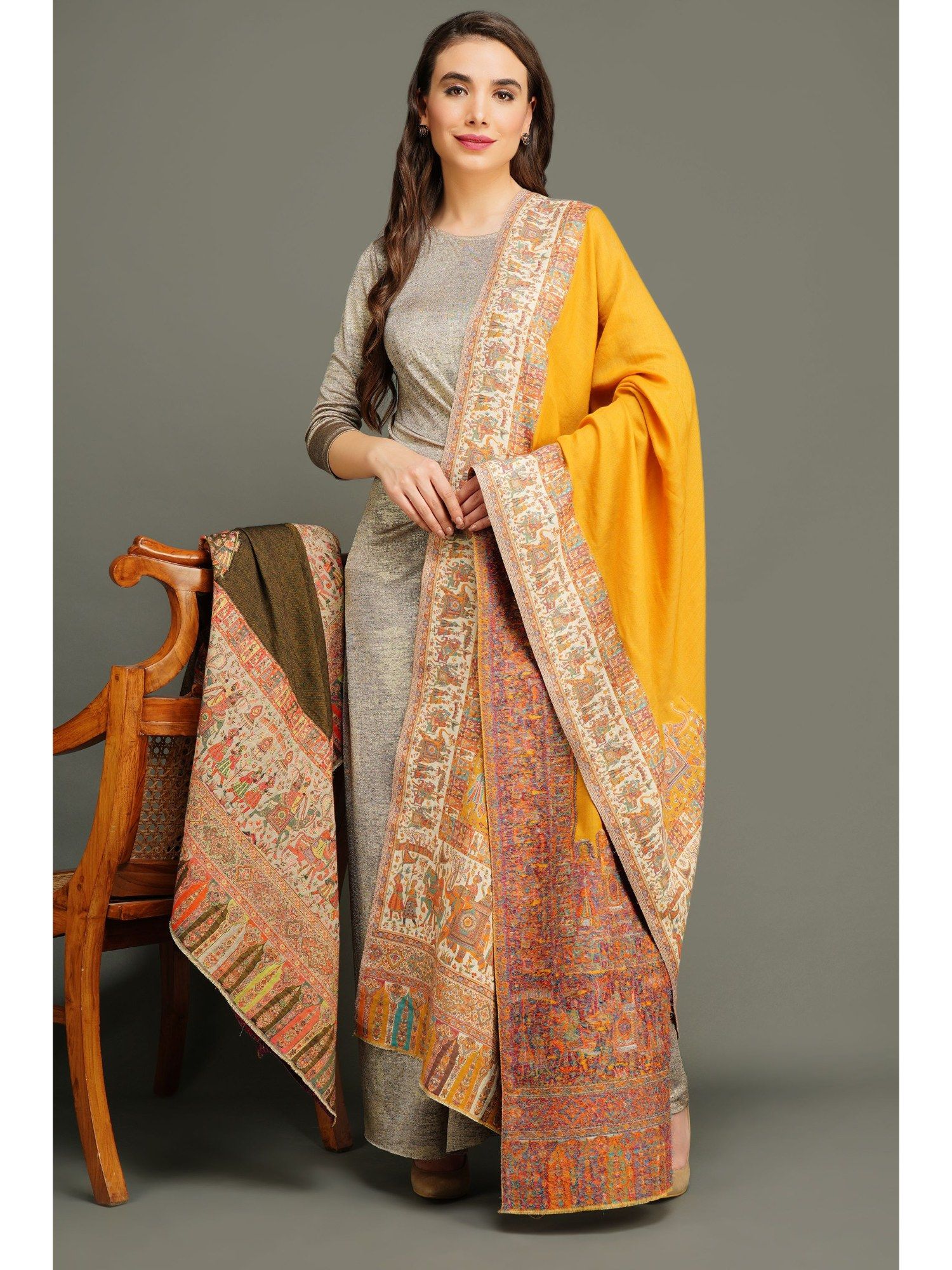 dusala india Pashmina Wool Yellow Woven Shawl-picture-37