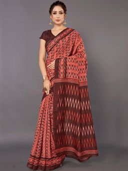 Akhilam - Women Art Silk Brown Printed Designer Saree with Unstitched Blouse Piece