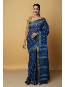 Unnati Silks - Navy Blue Pure Chanderi Cotton Saree with Unstitched Blouse
