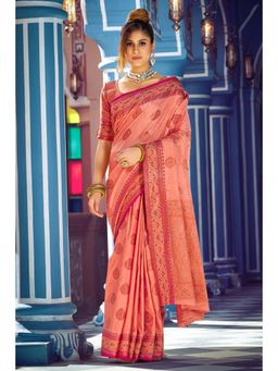 Sangam Prints - Peach Banarasi Silk Woven Zari Work Traditional Saree with Unstitched Blouse