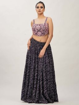 Shruti S - Navy Blue Hand Painted And Embroidered Skirt (Set of 2)