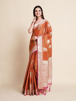 Mimosa - Women Traditional Vakrangi Kanjivaram Art Silk Rust Saree with Unstitched Blouse