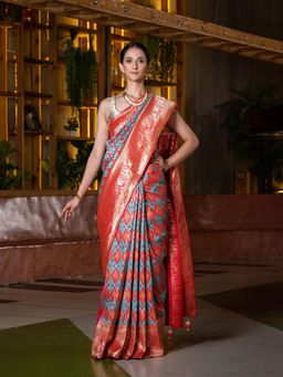 Beatitude - Orange Blue Ethnic Motifs Silk Blend Saree with Unstitched Blouse