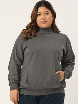 theRebelinme - Plus Size Women Charcoal Grey Solid Color High Neck Fleece Sweatshirt