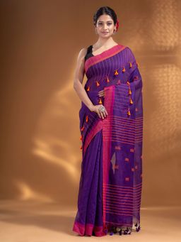 Arhi - Purple Cotton Blend Handwoven Soft Saree with Pom Pom