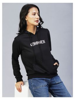 RIGO - Women Black Printed Hooded Terry Sweatshirt