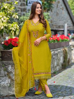 MOJILAA - Women's Lime Green Viscose Embroidered Kurta With Dhoti & Dupatta (Set of 3)