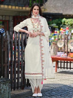 MOJILAA - Women's Off White Viscose Embroidered Kurta With Dhoti & Dupatta (Set of 3)