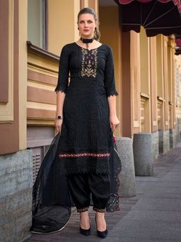 MOJILAA - Women's Black Viscose Embroidered Kurta With Afghani Salwar & Dupatta (Set of 3)