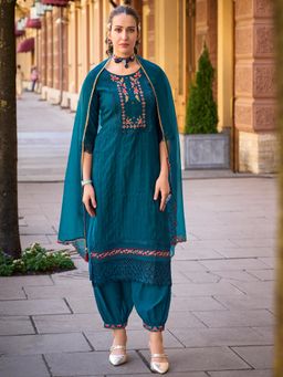 MOJILAA - Women's Blue Viscose Embroidered Kurta With Afghani Salwar & Dupatta (Set of 3)