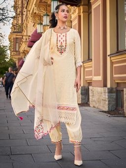 MOJILAA - Women's Cream Viscose Embroidered Kurta With Afghani Salwar & Dupatta (Set of 3)