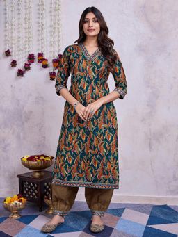 MOJILAA - Women's Green Cotton Leaf Printed Kurta With Afghani Salwar (Set of 2)