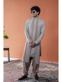 Philocaly - Men Ashveer Grey Georgette Mandarin Neck Embellished/Sequined Kurta
