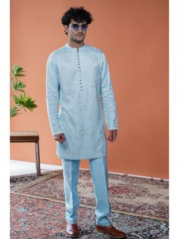 Philocaly - Men Nilvar Blue Silk Blend Mandarin Neck Thread Work Kurta