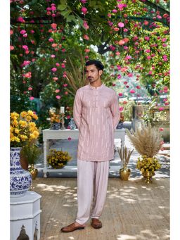 Philocaly - Men Manzar Pink Silk Blend Mandarin Neck Embroidered Kurta
