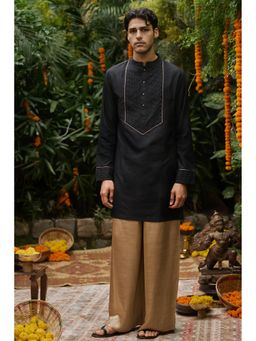 Philocaly - Men Aurum Black Silk Blend Mandarin Neck Lace Work Kurta