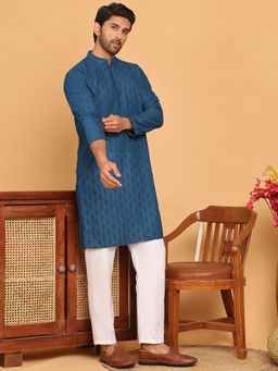 Jompers - Men's Teal Pure Cotton Thread Work Kurta with Pyjama