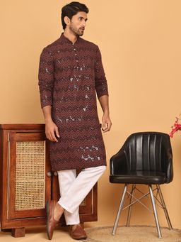 Jompers - Men's Brown Viscose Rayon Embellished Kurta with Pyjama