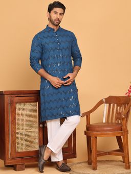 Jompers - Men's Blue Viscose Rayon Embellished Kurta with Pyjama