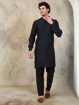 Jompers - Men's Black Silk Blend Plain Kurta with Pyjama