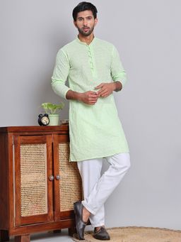 Jompers - Men's Green Pure Cotton Thread Work Kurta with Pyjama