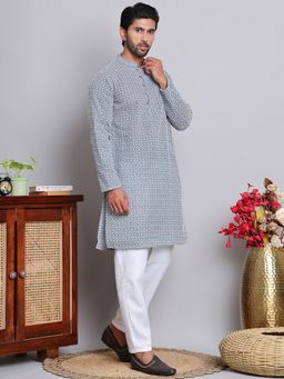 Jompers - Mens Grey Pure Cotton Thread Work Kurta with Pyjama
