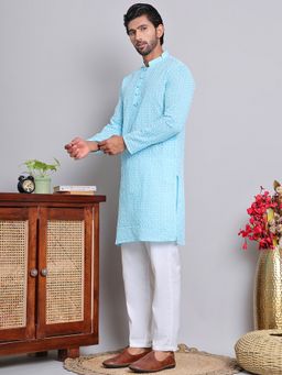 Jompers - Men's Blue Pure Cotton Thread Work Kurta with Pyjama
