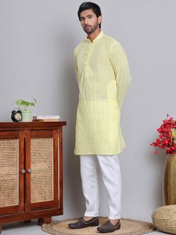 Jompers - Men's Yellow Pure Cotton Thread Work Kurta with Pyjama