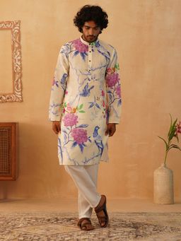 Jompers - Men's Off White Pure Cotton Printed Kurta with Pyjama