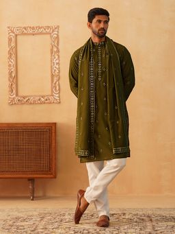 Jompers - Men's Olive Embroidered and Sequin Kurta Pyjama With Dupatta