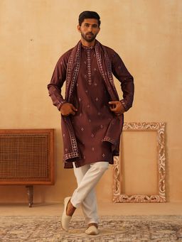 Jompers - Men's Wine Embroidered and Sequin Kurta Pyjama With Dupatta
