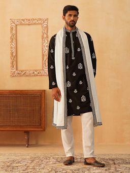 Jompers - Men's Black Embroidered and Sequin Kurta Pyjama With Dupatta