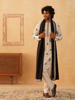 Jompers - Men's White Embroidered and Sequin Kurta Pyjama With Dupatta