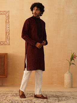 Jompers - Men's Maroon Silk Blend Embellished Kurta with Pyjama