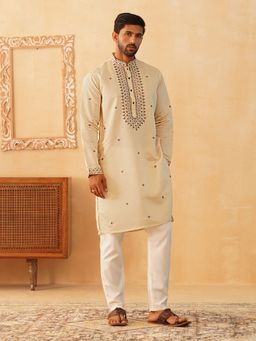 Jompers - Men's Cream Silk Blend Thread Work Kurta with Pyjama