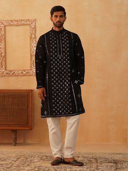Jompers - Men's Black Cotton Blend Thread Work Kurta with Pyjama