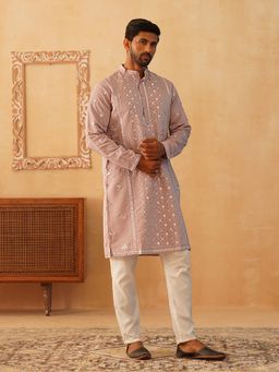 Jompers - Men's Peach Cotton Blend Thread Work Kurta with Pyjama