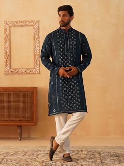 Jompers - Men's Blue Cotton Blend Thread Work Kurta with Pyjama