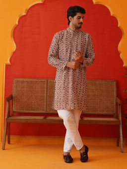 Jompers - Men's Brown Cotton Blend Thread Work Kurta with Pyjama
