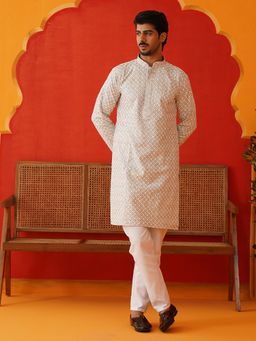 Jompers - Men's Off White Cotton Blend Thread Work Kurta with Pyjama