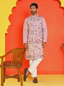 Jompers - Men's Lavender Silk Blend Thread Work Kurta with Pyjama