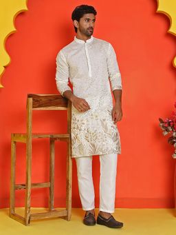 Jompers - Men's White Viscose Rayon Embellished Kurta with Pyjama