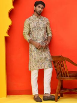 Jompers - Mens' Green Silk Blend Thread Work Kurta with Pyjama