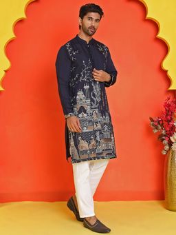 Jompers - Mens Navy Blue Silk Blend Thread Work Kurta with Pyjama