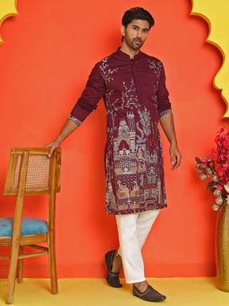 Jompers - Men's Wine Silk Blend Thread Work Kurta with Pyjama