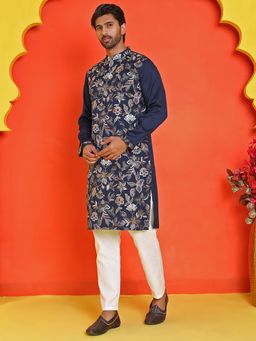 Jompers - Men's Navy Blue Silk Blend Thread Work Kurta with Pyjama