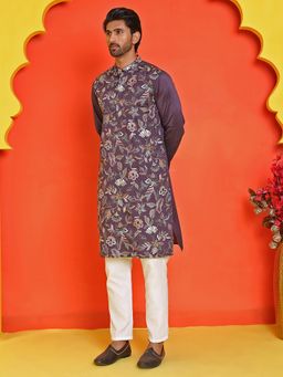 Jompers - Men's Purple Silk Blend Thread Work Kurta with Pyjama
