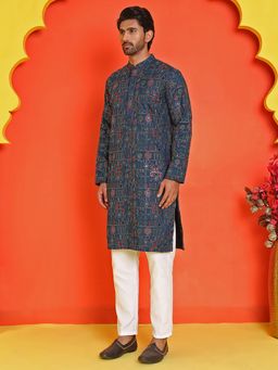 Jompers - Men's Teal Silk Blend Thread Work Kurta with Pyjama