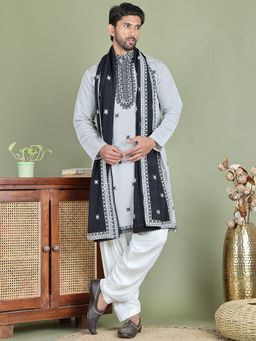 Jompers - Men's Grey Embroidered Silk Blend Kurta Salwar and Dupatta Set