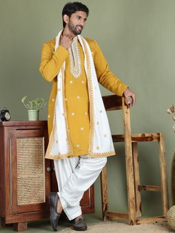 Jompers - Men's Mustard Embroidered Silk Blend Kurta Salwar and Dupatta Set